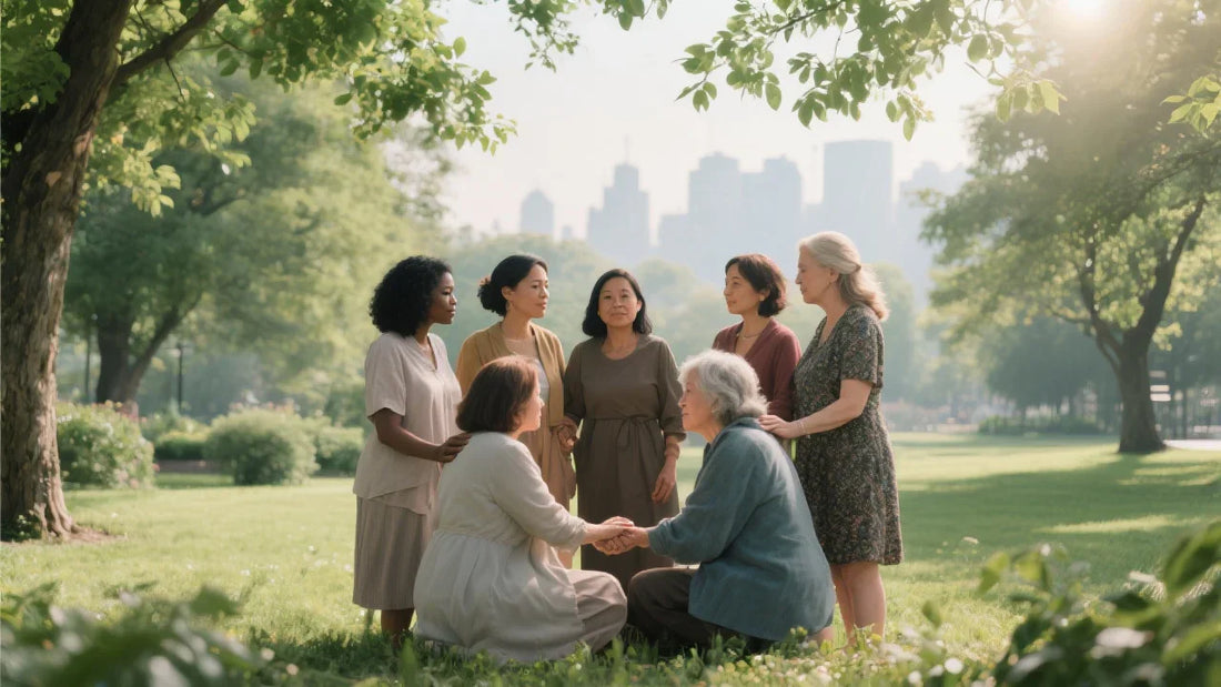 Multi-generational group of women meeting friends in a park
