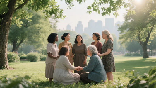 Multi-generational group of women meeting friends in a park