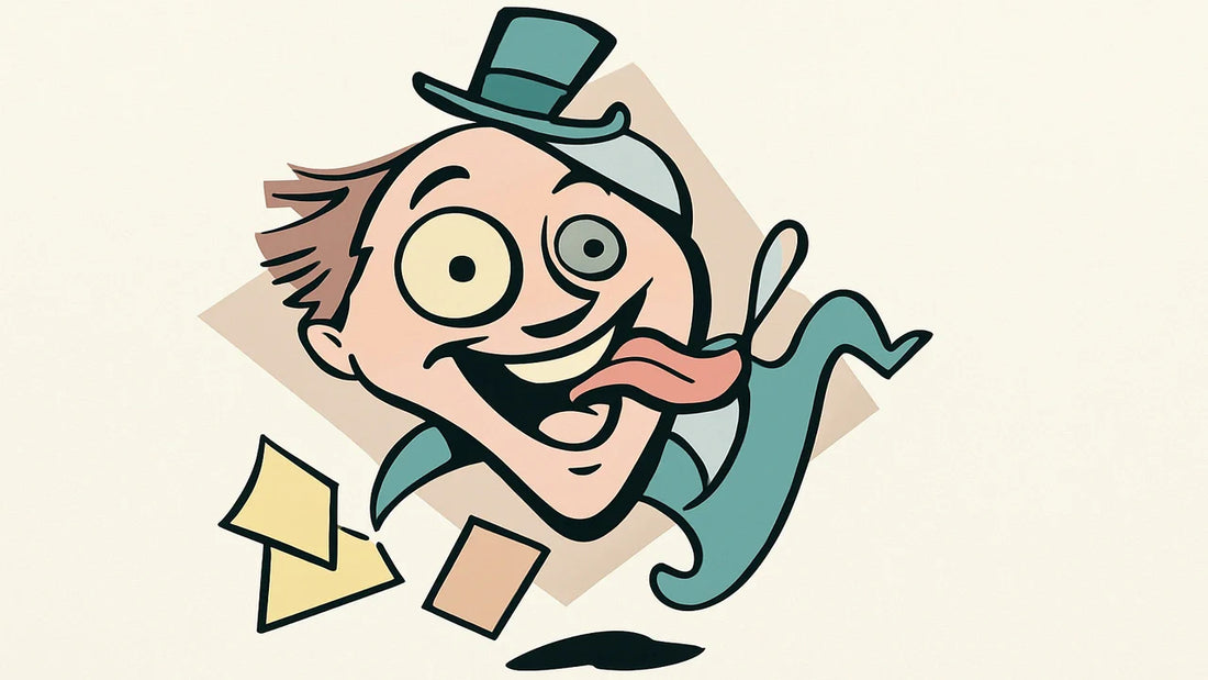A very busy cartoon man in top hat looking frazzled 